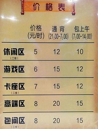 网吧收费标准